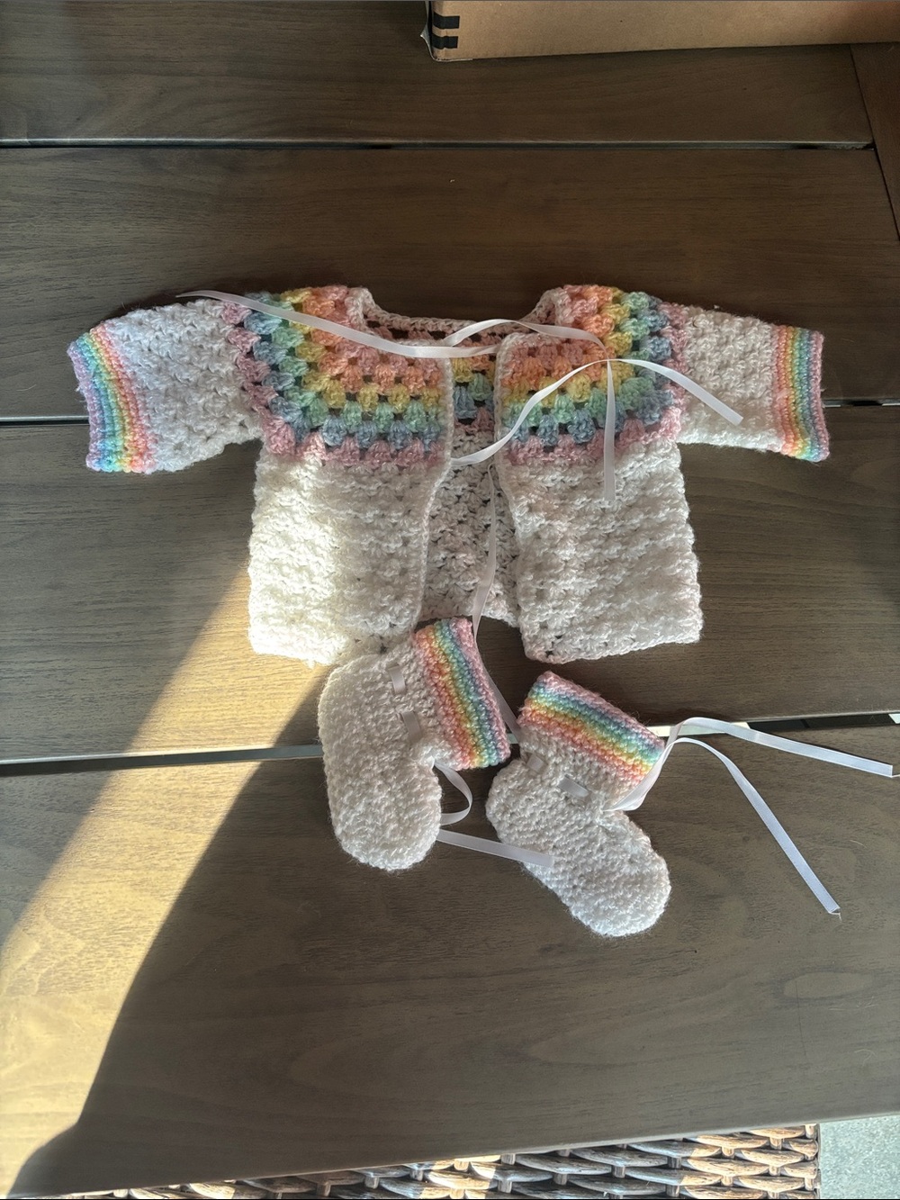 Handmade Baby Crochet Cardigan & Booties with Pastel Rainbow Trim, inc blanket